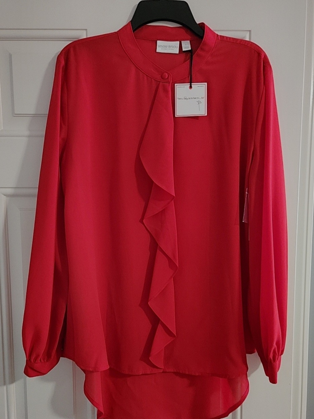 Bisou Bisou Red Ruffle-Front Long Sleeve Blouse